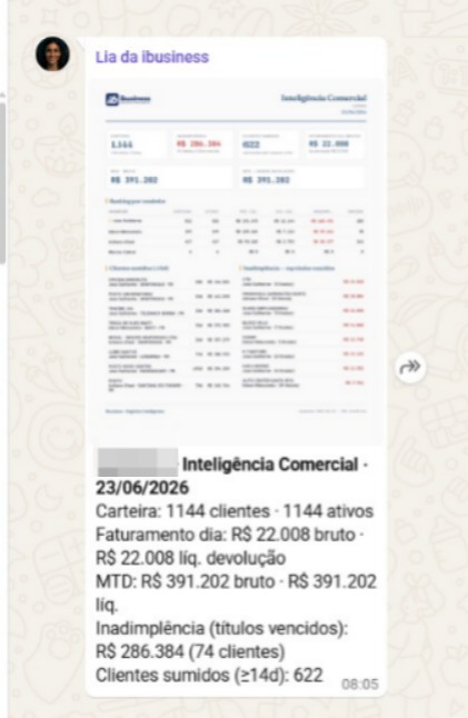 Notificação real da Lia (WhatchApp) com resumo de inteligência comercial no WhatsApp