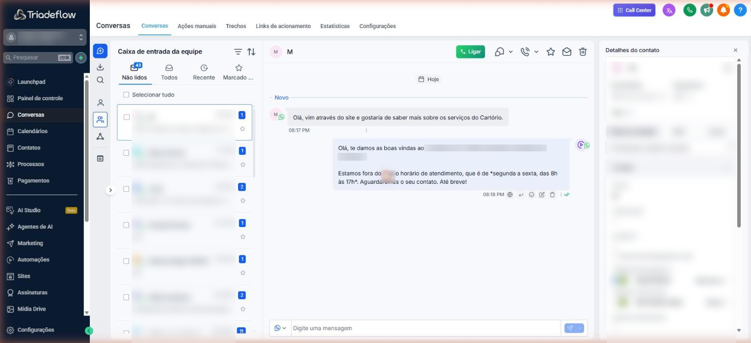 Caixa de conversas do WhatsApp na plataforma de atendimento