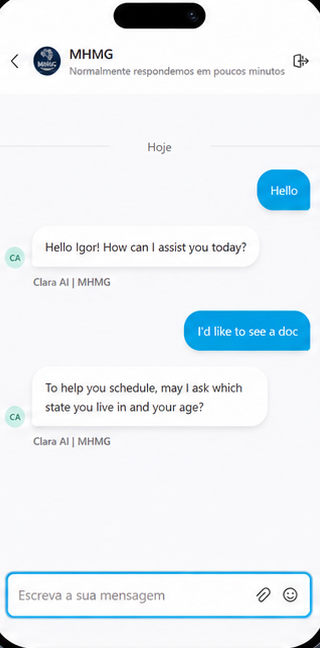 Conversa com a assistente de IA da clínica no celular
